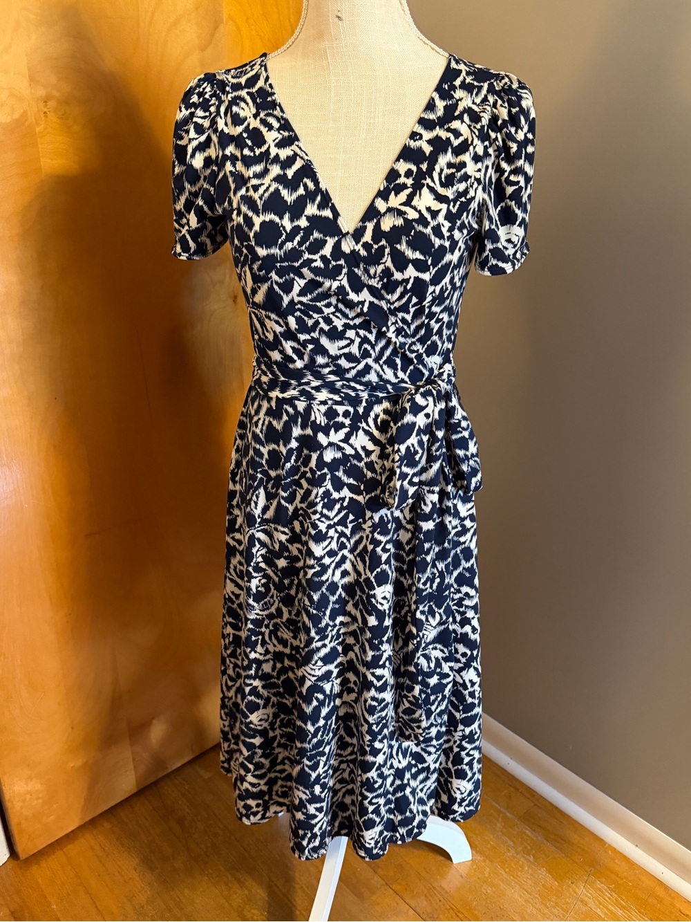 BCBGMaxAzria Navy and White Floral Wrap Midi Dress